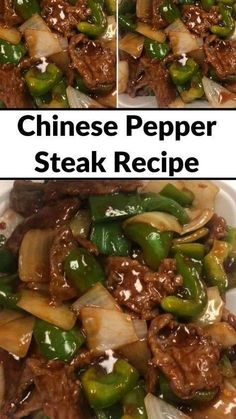 two pictures of chinese pepper steak with onions and green peppers in a white bowl on a table