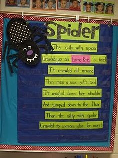 a bulletin board with spider on it and other writing in front of the wall,