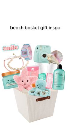 the beach basket is filled with items to be used as gifts for someone's loved ones