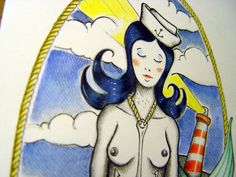 a drawing of a woman with blue hair and a sailor's hat on her head