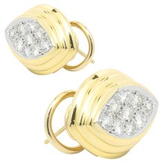 Designer: custom design Material: 14K yellow gold Diamonds: 18 round brilliant cut = 1.08cttw Color: G Clarity: SI1 Dimensions: earrings measure 19.3 X 14.75mm Fastenings: post with omega backs Weight: 9.48 grams Yellow Gold Diamond Earrings, Pave Diamond Earrings, Diamond Shape Earrings, Gold Diamond Earrings, Geometric Diamond, Round Stud Earrings, Brown Diamond, Yellow Gold Earring, Diamond Heart