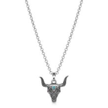 The Montana Silversmiths� Sky Touched Steer Head Necklace hangs comfortably around your neck. The pendant showcases an antiqued, silver-toned steer skull carved with Southwestern-inspired lines and topped with a synthetic-turquoise stone. It's crafted from brass with sleek rhodium plating that practically gleams in the light. This Montana Silversmiths silver necklace also makes an excellent gift for any Western aficionado! Length: 19". Pendant: 1.1"H x 1.1"W. Manufacturer style #: NC4769.   Anti Steer Head, Steer Skull, Head Necklace, Skull Carving, Stone Crafts, Skull Pendant, Turquoise Stone, Rhodium Plated, Outdoor Gear