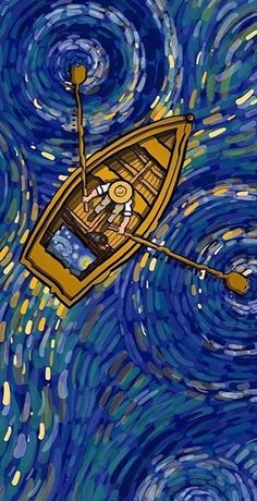 a painting of a boat floating in the middle of blue water with swirls around it