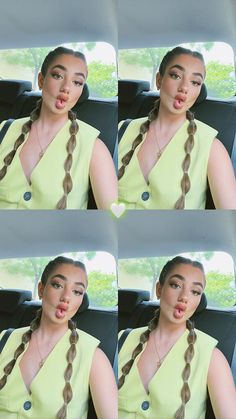 four pictures of a woman with braids in her hair making a funny face while sitting in the back seat of a car