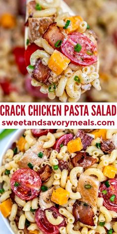 two pictures with different types of pasta and vegetables in them, one is chicken pasta salad