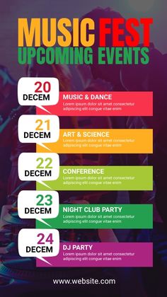 an event poster with the words music fest upcoming dates and information for each event on it