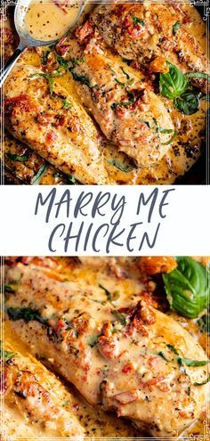 two pictures of chicken with sauce and herbs