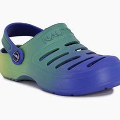 These Are Rubber Sole Cobalt/Green/Yellow Gradient Soft Material Water-Ready Classic Clogs That Provide Ventilation And Durability Size 2 Non-slip Synthetic Clogs For Beach, Non-slip Synthetic Beach Clogs, Synthetic Slide Clogs For Beach, Green Casual Clogs For The Beach, Casual Green Clogs For The Beach, Green Beach Clogs With Cushioned Footbed, Blue Open Toe Synthetic Clogs, Blue Non-slip Sport Sandals For Vacation, Yellow Beach Slides With Rubber Sole