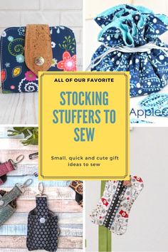 several different pictures with the words stocking stuff to sew on them and in front of