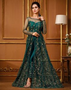 Royal Green Pant style Anarkali Soft Net | Arabic attire Green Wedding Dress, Long Anarkali Gown, Celana Fashion, Women Suits Wedding, Long Anarkali, Designer Anarkali Suits, Suits Online Shopping, Gown Suit, Designer Anarkali