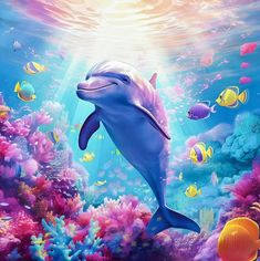 a painting of a dolphin swimming in the ocean surrounded by corals and tropical fish