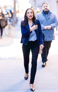 18 Times Alexandria Ocasio-Cortez Was The Consummate Power Dresser | British Vogue Alexandra Ocasio Cortez, Winter Work Fashion, Women Lawyer, Baby Blue Dresses, Uk Photos, Power Dressing, Crisp White Shirt, British Vogue, Signature Look