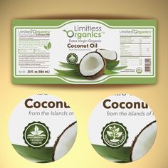 two labels for coconut oil and the label is labeled with an image of three pieces of coconut