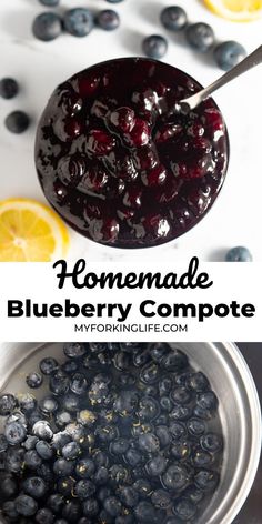 blueberry compote in a bowl with lemon wedges on the side and text overlay that reads homemade blueberry compote