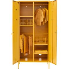 an open yellow locker with clothes hanging on it