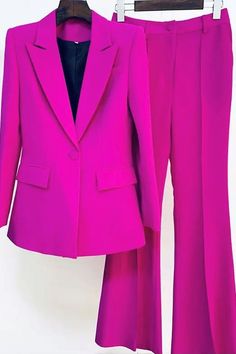 Like the name femme forte in french which means strong woman in English this suit is one for a bold strong woman closet. Embrace Your Feminine Side The Femme Forte Two-Piece Suit (Pink) is a stunning ensemble that exudes femininity and grace. The soft, delicate pink hue is both romantic and sophisticated, making it the perfect choice for any occasion. Versatile Style for Every Occasion Whether you're heading to the office, a special event, or a casual outing, the Femme Forte Two-Piece Suit (Pink Formal Attire For Women, Purple Suits, Single Button Blazer, Costume Intero, Bootcut Pants, Pants Suit, Formal Suits, Look Vintage, Suit Set