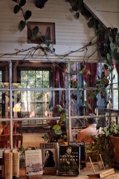 there are many books on the table in front of the window, and some plants