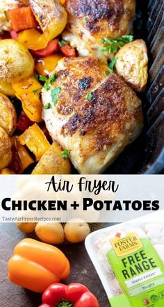 chicken and potatoes in an air fryer with text overlay