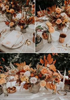 the table is set with flowers, candles and other things to decorate it for an autumn wedding