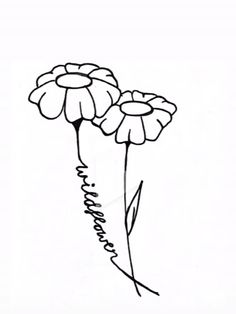 a drawing of three flowers on a white background with the word love written in black ink