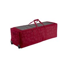 a red luggage bag with wheels and handles on the bottom is sitting in front of a white background