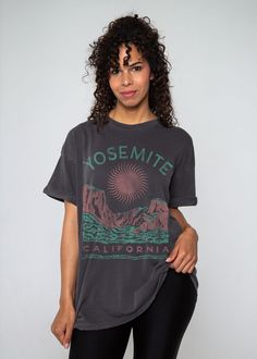 Yosemite Sun Black Boyfriend Tee — Kid Dangerous Faded Relaxed Fit Pre-washed Tops, Oversized Stonewashed Graphic Tee, Relaxed Fit Pre-washed Graphic Tee, Relaxed Fit Pre-washed Washed Black Tops, Washed Black Pre-washed Crew Neck Top, Oversized Stonewashed Summer Tops, Pre-washed Washed Black Crew Neck Top, Grunge Acid Wash Pre-washed Top, Acid Wash Pre-washed Grunge Tops