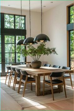 a dining room table with chairs and a potted plant on top of the table