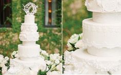 the wedding cake is decorated with white flowers