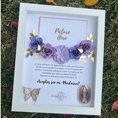 there is a frame with flowers and butterflies on it that says, pletoe here