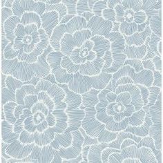 a blue and white wallpaper with flowers on it