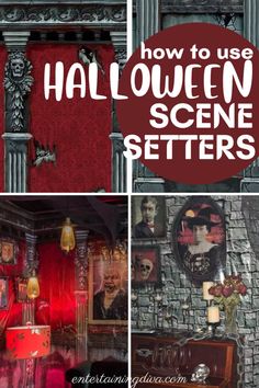 halloween scene with red walls and decorations