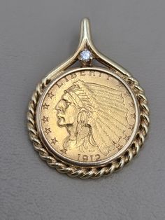 For Sale: (1) k848 Nice Unisex 1912 Liberty Coin & Diamond Pendant set in 14kt Yellow Gold PLEASE READ ENTIRE DESCRIPTION BEFORE PURCHASING This is a nice unisex 1912 Liberty coin pendant, featuring a small .02cts diamond.  Bail is stamped 14k, as shown in photo and was acid tested for purity.  Would be a nice anniversary, birthday present, Christmas, Father's Day, Graduation, Mother's Day or Valentine's Day gift for him or her! Specifics: 14kt Yellow Gold pendant & 1912 $2.50 Liberty Coin Lengt 14k Gold Coin Jewelry Stamped 14k, Formal Yellow Gold Coin Jewelry, Vintage 14k Gold Coin Jewelry, Antique Coin-shaped Formal Jewelry, Formal Heirloom Coin Pendant Jewelry, Formal Heirloom Jewelry With Coin Pendant, Antique Coin Jewelry For Formal Occasions, Classic Stamped 14k Coin Jewelry, Classic 14k Stamped Coin Jewelry