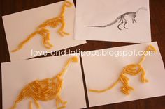 three pictures of different types of food in the shape of dinosaurs and one is made out of pasta