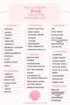 the ultimate beach vacation packing list with pink and white text, including items to pack