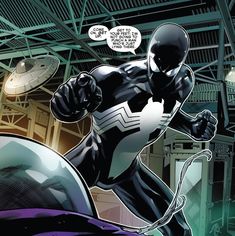 the black spider is in action with his arms out and hands on his hips, as he