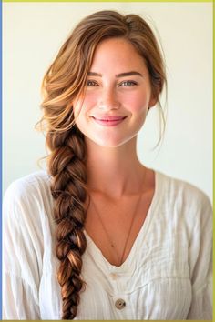 A thick, side-swept braid presents an effortlessly chic allure. The contrast of the loose waves at the top with the structured braid creates a relaxed yet polished profile. Click here to see more stunning long hairstyles. Loosely Braided Hair, Side Braid Reference, Thick Side Braid, Long Face Wedding Hairstyles, Thick Loose Braid, Pretty Hairstyles For Long Thick Hair, Over Shoulder Braid, Side Swept Braided Hairstyles, Side Braid Long Hair