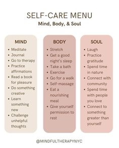 Self care checklist🤍  Credit: @ mindfultherapynyc on instagram  #selfcare #selflove #selfcaretips #selfcareroutine #selfcaresunday #selfcareideas #mindfulness Self Care Stretches, Self Care Needs List, Mind Body Soul Self Care Ideas, How To Self Care Tips, Self Care Categories, Mind Self Care, 2025 Self Care