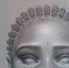 a pencil drawing of a woman's face with braids on her head and eyes