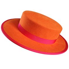 Amazing vintage TINA TOO by the BOLLMAN HAT COMPANY bright orange and hot pink hat! Soft wool doeskin felt. Pink silk grosgrain ribbon around the hat. Can be worn multiple ways, and will fit most head sizes due to shape. Made in USA Interior Measures 8 inches by 8 inches Hot Pink Hat, Orange Things, Orange Hat, Dressy Style, Colorful Hat, Pink Felt, Orange Hats, Orange Outfit, Fedora Hats