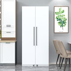 a white refrigerator freezer sitting inside of a kitchen next to a dining room table