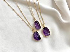 Raw Amethyst Necklace Gold Filled - February Birthstone Amethyst Natural Stones Necklace Gift, Amethyst Birthstone Crystal Necklace Gift, Gold Amethyst Necklace With Raw Stone, Amethyst Pendant Necklace With Raw Stone, February Birthstone Necklace, Purple Raw Stone Crystal Pendant Necklace, Gemstone Hoop Earrings, Amethyst Necklace Pendant, Raw Crystal Necklace