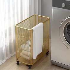 a laundry basket next to a washing machine