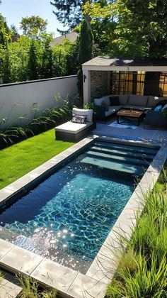 Garden With Swimming Pool Ideas, In Ground Plunge Pool, Backyard Small Pool Designs, Modpool Backyard, Small Plunge Pool Ideas, Backyard Landscaping With Pool Ideas, Pool Off Patio, Mini Pool Backyard, Small Pool Landscaping