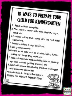 a sign with the words 10 ways to prepare your child for kindergartia