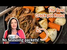 a woman holding a cup in front of a roasting pan filled with meat and veggies