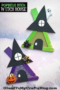 popsicle stick witch house craft for kids to make with construction paper and googly eyes