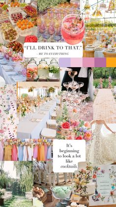 a collage of photos with flowers and desserts on it, including cake, drinks, and other items