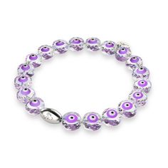 Vermeil: 18k White GoldBeads: Purple Crystal Evil EyesCord: Clear ElasticCord Size: 7.8" CircumferenceBase: .925 Sterling Silver The Purple Crystal Evil Eye bead bracelets are hand-crafted from crystal evil eye warding beads and are hand-strung on a clear, stretchable elastic cord. Each Bracelet includes a matching 18k white gold finished .925 stainless steel logo charm. With their stretchable clear elastic cord, the bracelets are one-size-fits-most. Gift Sterling Silver Bracelets With Polished Beads, Sterling Silver Rondelle Jewelry As A Gift, Round Beaded Bracelets With Sterling Silver Clasp As Gift, Hand-strung Sterling Silver Jewelry As Gift, White Gold Polished Beads Bracelet Gift, White Gold Bracelet With Polished Beads For Gift, Silver Beaded Bracelets In Fine Jewelry Style, Gift Beaded Bracelets With Sterling Silver Clasp, Gift Round Beaded Bracelet With Sterling Silver Clasp