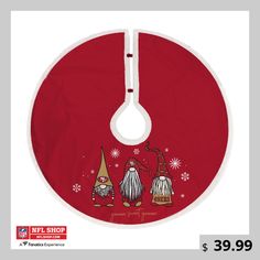 a red christmas tree skirt with two gnomes on it and snowflakes in the background