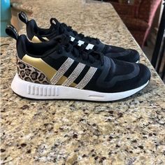 Cheetah Print With Rhinestones On The Adidas Logo. Worn Once! Size 8 Sporty Black Sneakers With Rhinestones, Black Embellished Round Toe Sneakers, Adidas Tennis Shoes, Adidas Tennis, Shoes Adidas, Shoes Color, Adidas Black, Adidas Logo, Black Adidas